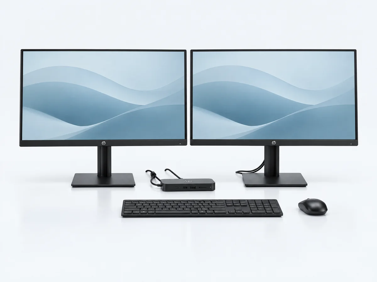 Hjemmearbejdsplads med to skærme, dock, tastatur og mus
